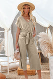 LC643609-16-S, LC643609-16-M, LC643609-16-L, LC643609-16-XL, LC643609-16-2XL, Khaki Women's Casual Long Pants Romper V Neck Pocketed Jumpsuit