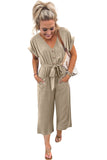 LC643609-16-S, LC643609-16-M, LC643609-16-L, LC643609-16-XL, LC643609-16-2XL, Khaki Women's Casual Long Pants Romper V Neck Pocketed Jumpsuit