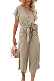 LC643609-16-S, LC643609-16-M, LC643609-16-L, LC643609-16-XL, LC643609-16-2XL, Khaki Women's Casual Long Pants Romper V Neck Pocketed Jumpsuit