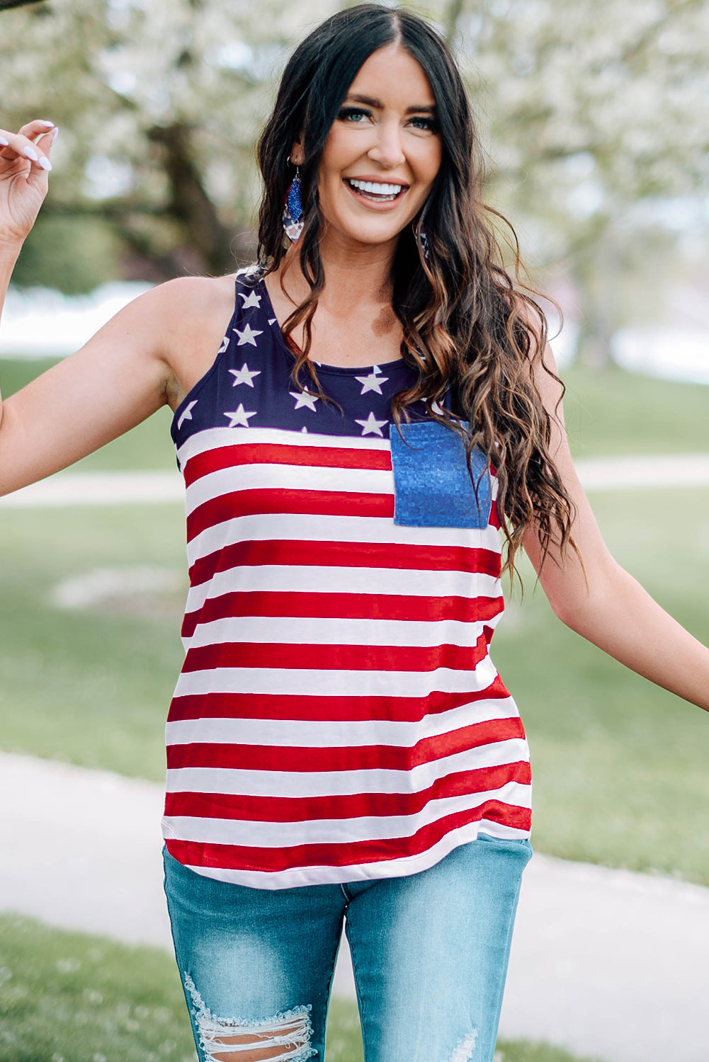 Red USA Flag Stars Stripes Print Tank Tops 4th of July Shirt LC2562066-3