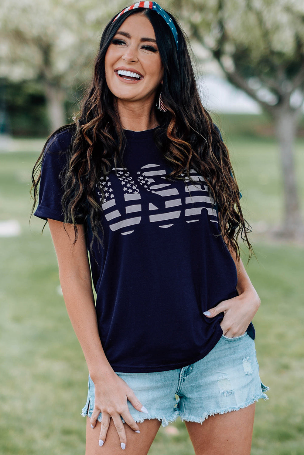 Blue USA Graphic Tee 4th of July Patriotic America T-Shirt for Women LC25216384-5