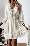 White White Long Sleeve Dress Lacy V Neck Ruffled Mini Dress LC222686-1