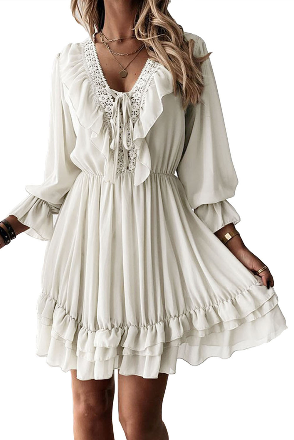 White White Long Sleeve Dress Lacy V Neck Ruffled Mini Dress LC222686-1