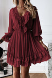 Red White Long Sleeve Dress Lacy V Neck Ruffled Mini Dress LC222686-3