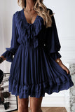 Blue White Long Sleeve Dress Lacy V Neck Ruffled Mini Dress LC222686-5