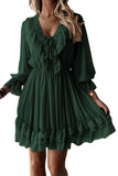 Green White Long Sleeve Dress Lacy V Neck Ruffled Mini Dress LC222686-9