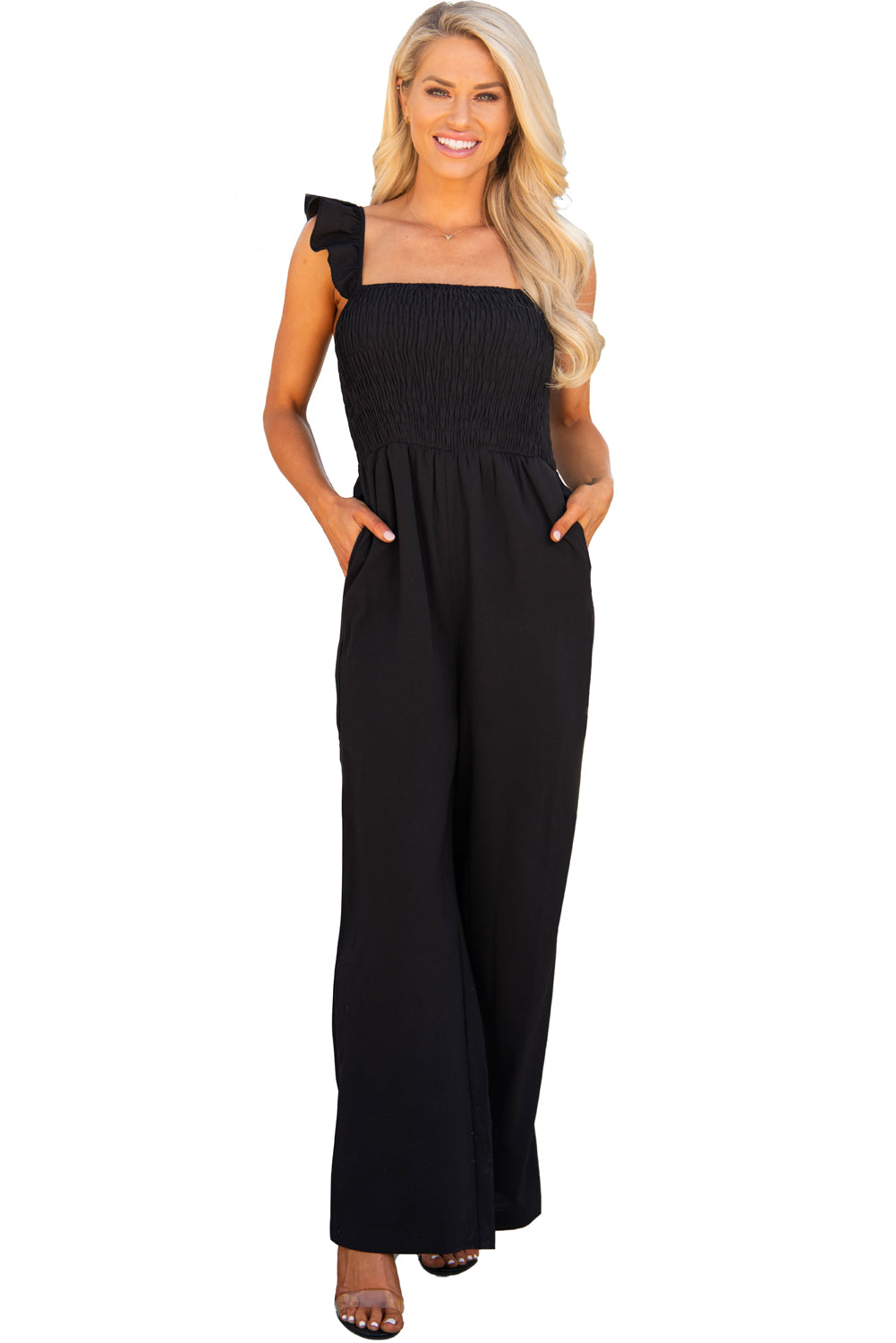 Flutter Sleeve Smocked Wide Leg Jumpsuit – Ella Mae's Boutique