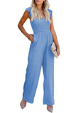 Sky Blue Ruffle Sleeve Smocked Bodice Wide Leg Jumpsuit for Women LC643773-4