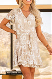 Apricot White Mini Dress Wrap V Neck Floral Lace Short Dress LC224799-18