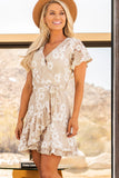 Apricot White Mini Dress Wrap V Neck Floral Lace Short Dress LC224799-18