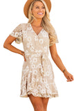 Apricot White Mini Dress Wrap V Neck Floral Lace Short Dress LC224799-18