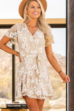 Apricot White Mini Dress Wrap V Neck Floral Lace Short Dress LC224799-18