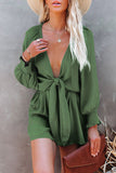 LC643624-109-S, LC643624-109-M, LC643624-109-L, LC643624-109-XL, LC643624-109-2XL, Green Women's Sexy V Neck Jumpsuits Chiffon Tie Knot Front Puff Long Sleeve Romper