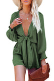 LC643624-109-S, LC643624-109-M, LC643624-109-L, LC643624-109-XL, LC643624-109-2XL, Green Women's Sexy V Neck Jumpsuits Chiffon Tie Knot Front Puff Long Sleeve Romper