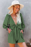 LC643624-109-S, LC643624-109-M, LC643624-109-L, LC643624-109-XL, LC643624-109-2XL, Green Women's Sexy V Neck Jumpsuits Chiffon Tie Knot Front Puff Long Sleeve Romper