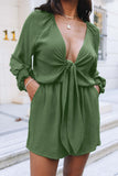 LC643624-109-S, LC643624-109-M, LC643624-109-L, LC643624-109-XL, LC643624-109-2XL, Green Women's Sexy V Neck Jumpsuits Chiffon Tie Knot Front Puff Long Sleeve Romper