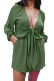 LC643624-109-S, LC643624-109-M, LC643624-109-L, LC643624-109-XL, LC643624-109-2XL, Green Women's Sexy V Neck Jumpsuits Chiffon Tie Knot Front Puff Long Sleeve Romper