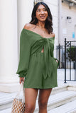 LC643624-109-S, LC643624-109-M, LC643624-109-L, LC643624-109-XL, LC643624-109-2XL, Green Women's Sexy V Neck Jumpsuits Chiffon Tie Knot Front Puff Long Sleeve Romper