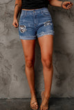 LC78823-20-S, LC78823-20-M, LC78823-20-L, LC78823-20-XL, LC78823-20-2XL, Lapis Gallop Ripped Patchwork Hem Denim Shorts for Women