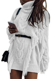 LC273304-1-S, LC273304-1-M, LC273304-1-L, LC273304-1-XL, LC273304-1-2XL, White Womens Twist Fringe Cable Knit High Neck Oversized Sweater Dress