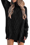 LC273304-2-S, LC273304-2-M, LC273304-2-L, LC273304-2-XL, LC273304-2-2XL, Black Womens Twist Fringe Cable Knit High Neck Oversized Sweater Dress