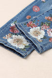 LC787126-4-S, LC787126-4-M, LC787126-4-L, LC787126-4-XL, LC787126-4-2XL, Sky Blue Floral Pattern Patched Straight Jeans