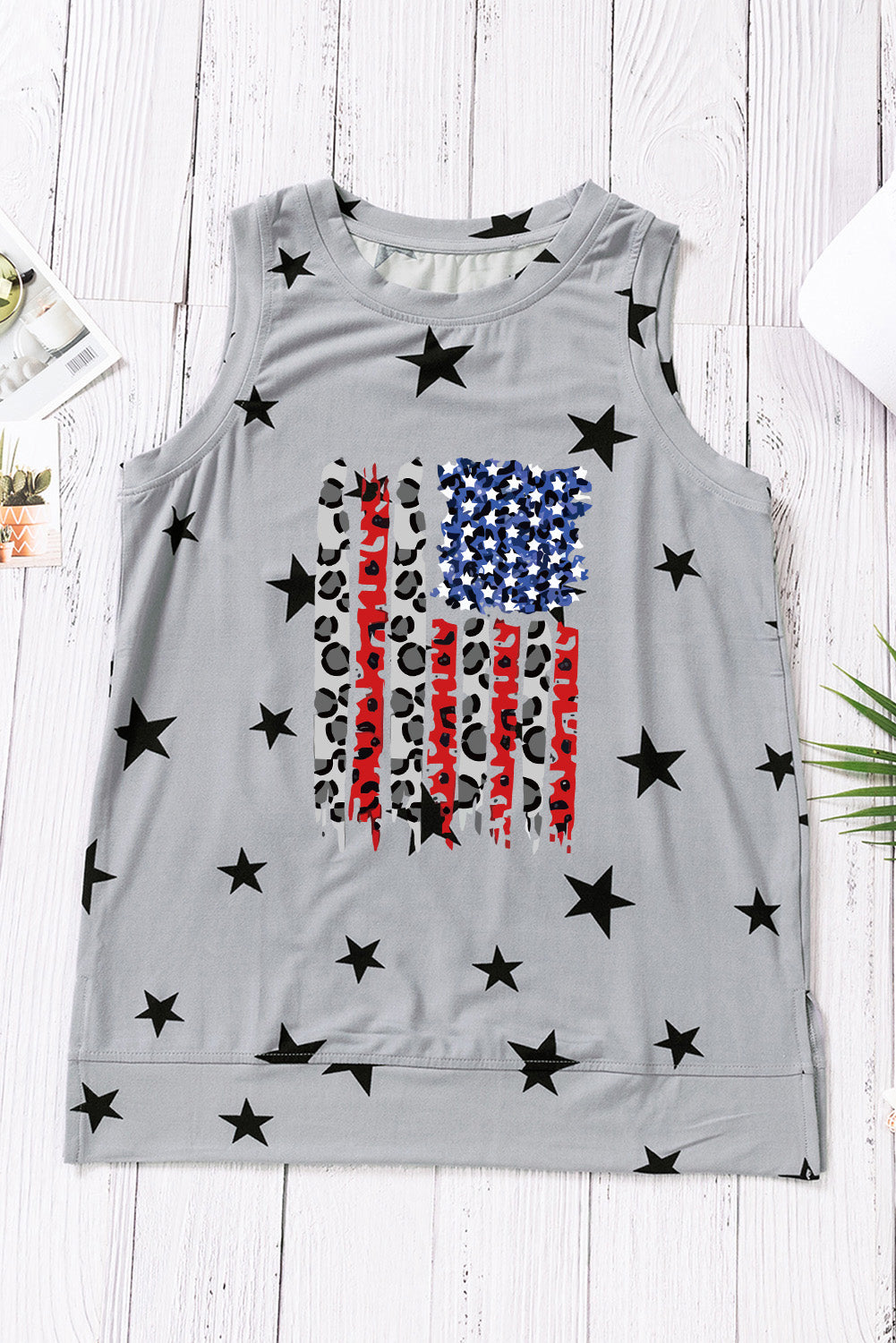 Gray American Flag Tank Tops Star Print Graphic 4th of July Shirt Tops LC2567053-11