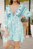 LC221873-9-S, LC221873-9-M, LC221873-9-L, LC221873-9-XL, Green Bohemian 3/4 Sleeve V Neck Vintage Mini Dress for Women