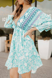 LC221873-9-S, LC221873-9-M, LC221873-9-L, LC221873-9-XL, Green Bohemian 3/4 Sleeve V Neck Vintage Mini Dress for Women