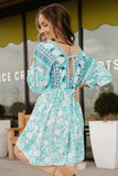 LC221873-9-S, LC221873-9-M, LC221873-9-L, LC221873-9-XL, Green Bohemian 3/4 Sleeve V Neck Vintage Mini Dress for Women
