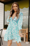 LC221873-9-S, LC221873-9-M, LC221873-9-L, LC221873-9-XL, Green Bohemian 3/4 Sleeve V Neck Vintage Mini Dress for Women
