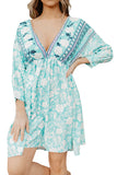 LC221873-9-S, LC221873-9-M, LC221873-9-L, LC221873-9-XL, Green Bohemian 3/4 Sleeve V Neck Vintage Mini Dress for Women