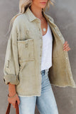 Green Womens Overdsizd Distressed Fringe Trim Denim Jacket LC854103-9