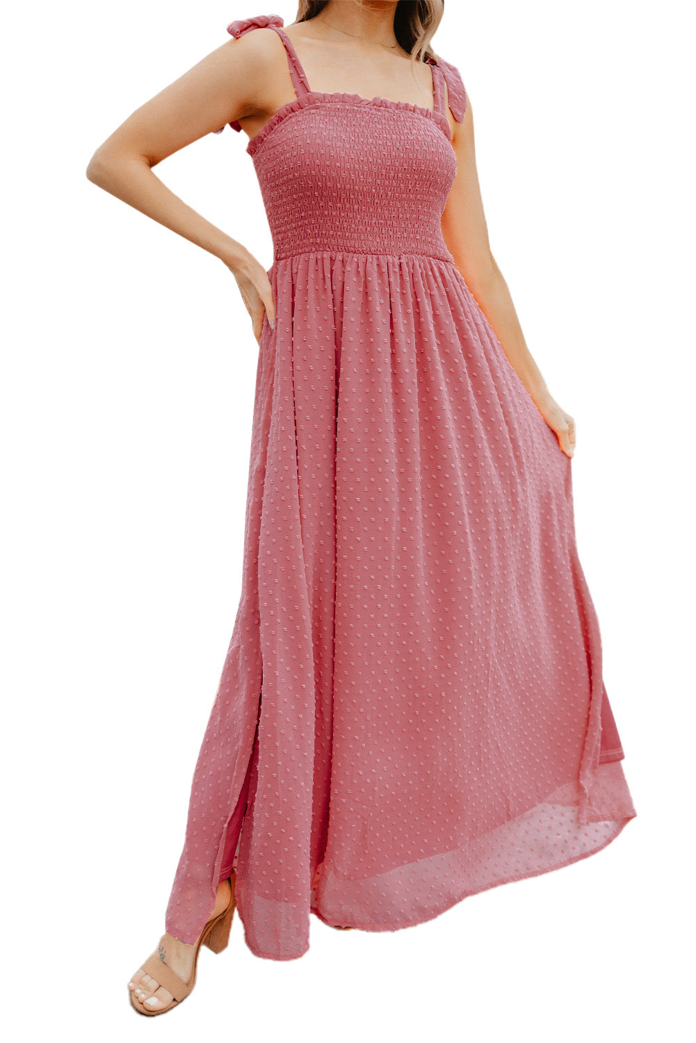 Red Womens Frilled Long Dress Smocked Swiss Dot Maxi Dress LC619589-3