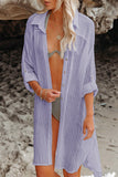 LC42994-8-S, LC42994-8-M, LC42994-8-L, LC42994-8-XL, Purple Casual Long Sleeve Striped Shirt Dress Beach Swimsuit Cover Ups with Belt