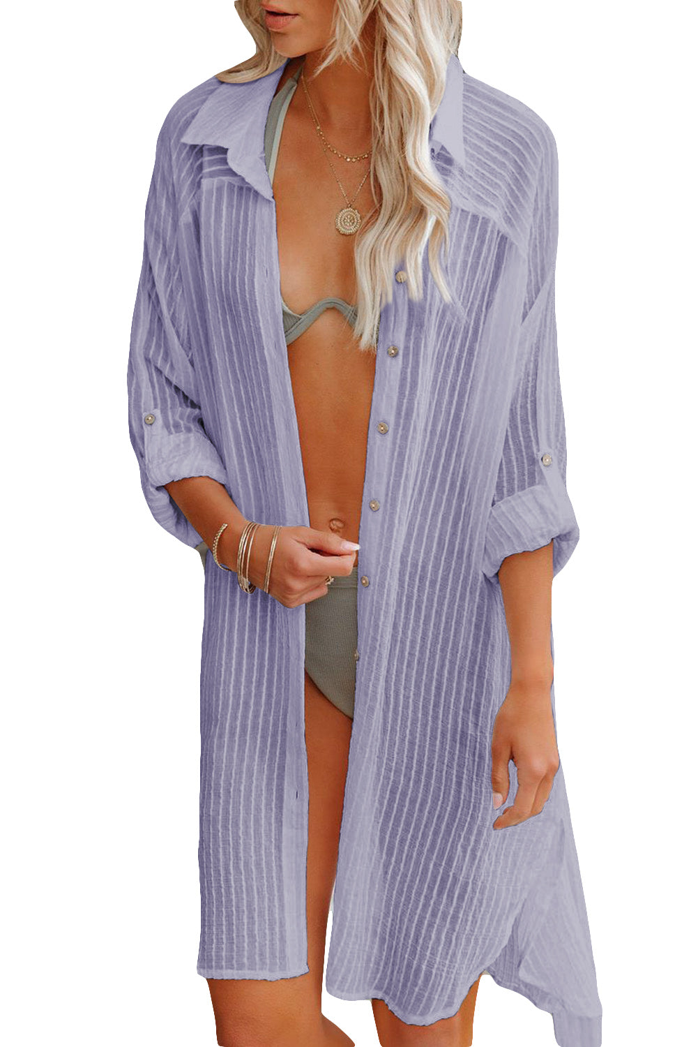 LC42994-8-S, LC42994-8-M, LC42994-8-L, LC42994-8-XL, Purple Casual Long Sleeve Striped Shirt Dress Beach Swimsuit Cover Ups with Belt