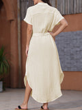 LC618591-18-S, LC618591-18-M, LC618591-18-L, LC618591-18-XL, Apricot Women's Cover Up Short Sleeve Button Down Summer Beach Maxi Dress