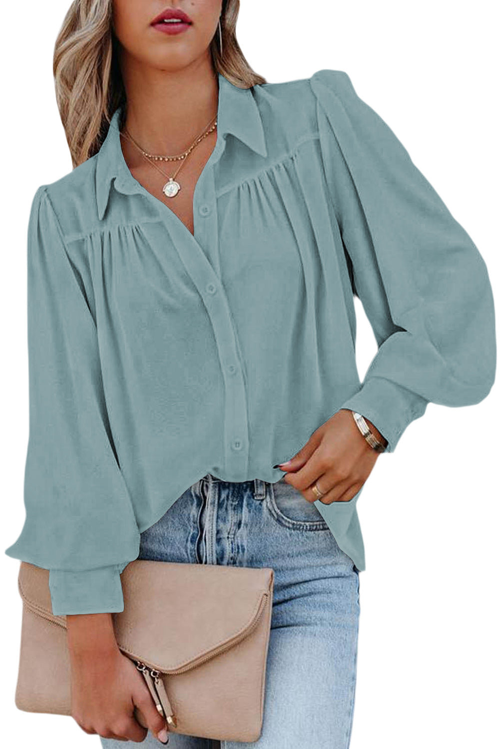 LC2552187-4-S, LC2552187-4-M, LC2552187-4-L, LC2552187-4-XL, LC2552187-4-2XL, Sky Blue Solid Color Button Up Puff Sleeve Blouse