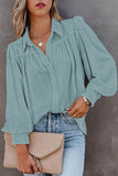 LC2552187-4-S, LC2552187-4-M, LC2552187-4-L, LC2552187-4-XL, LC2552187-4-2XL, Sky Blue Solid Color Button Up Puff Sleeve Blouse