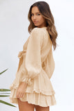 Womens Sexy Deep V Neck Swing Dress Lantern Sleeve Knotted Ruffle Tiered Mini Dress