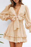 Womens Sexy Deep V Neck Swing Dress Lantern Sleeve Knotted Ruffle Tiered Mini Dress