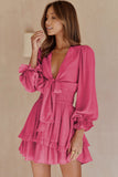 Womens Sexy Deep V Neck Swing Dress Lantern Sleeve Knotted Ruffle Tiered Mini Dress