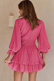 Womens Sexy Deep V Neck Swing Dress Lantern Sleeve Knotted Ruffle Tiered Mini Dress