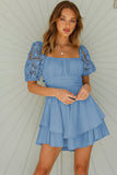 Sky Blue White Puff Sleeve Dress Square Neck Lace Ruffle A Line Mini Dress  LC2211141-4