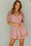 Pink White Puff Sleeve Dress Square Neck Lace Ruffle A Line Mini Dress  LC2211141-10