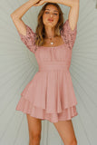 Pink White Puff Sleeve Dress Square Neck Lace Ruffle A Line Mini Dress  LC2211141-10