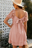 Pink White Puff Sleeve Dress Square Neck Lace Ruffle A Line Mini Dress  LC2211141-10