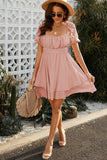 Pink White Puff Sleeve Dress Square Neck Lace Ruffle A Line Mini Dress  LC2211141-10