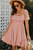 Pink White Puff Sleeve Dress Square Neck Lace Ruffle A Line Mini Dress  LC2211141-10