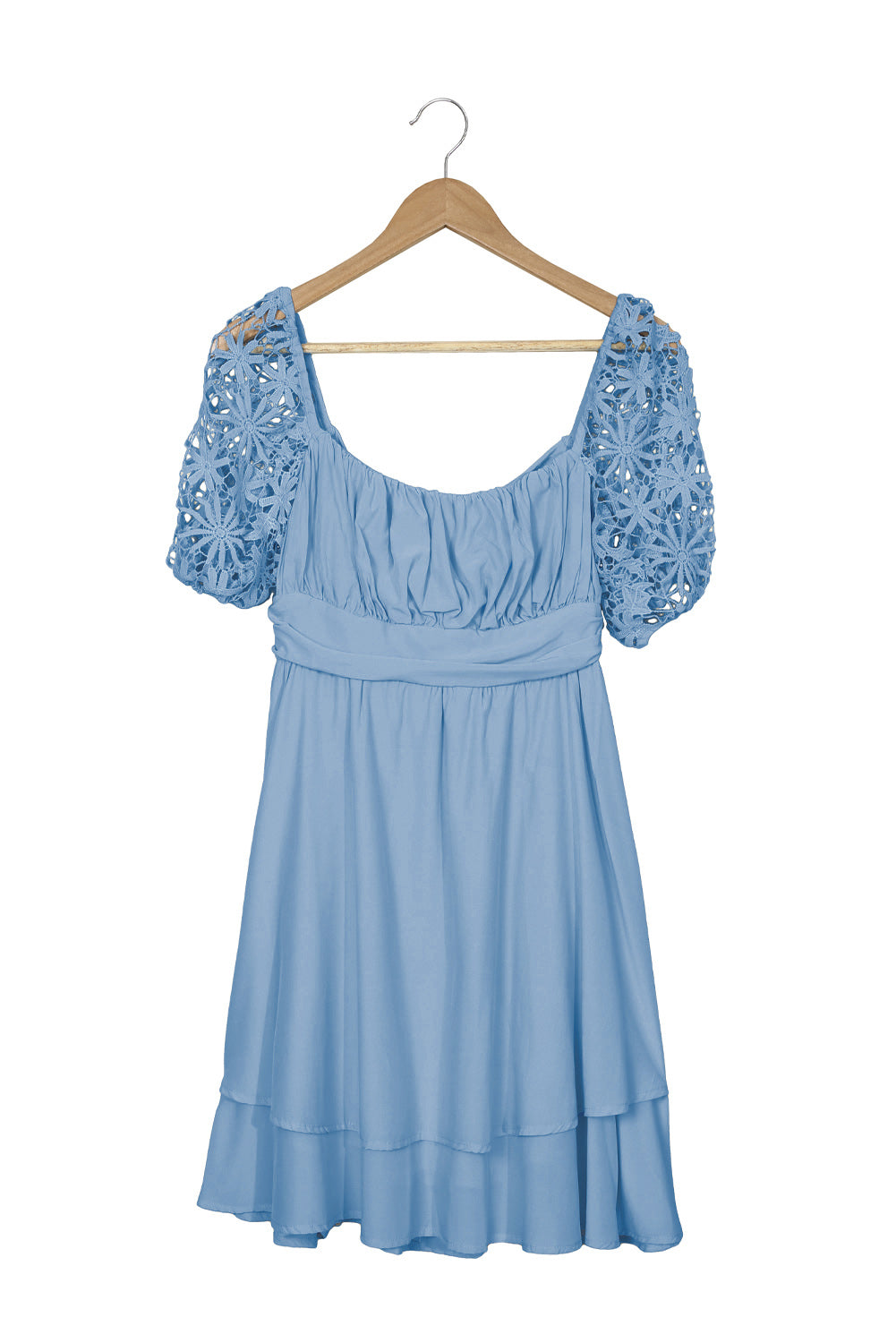 Sky Blue White Puff Sleeve Dress Square Neck Lace Ruffle A Line Mini Dress  LC2211141-4